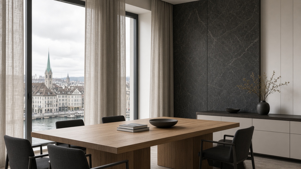 Ruhiges europäisches Interieur mit Eiche, Stein und gedämpftem Tageslicht